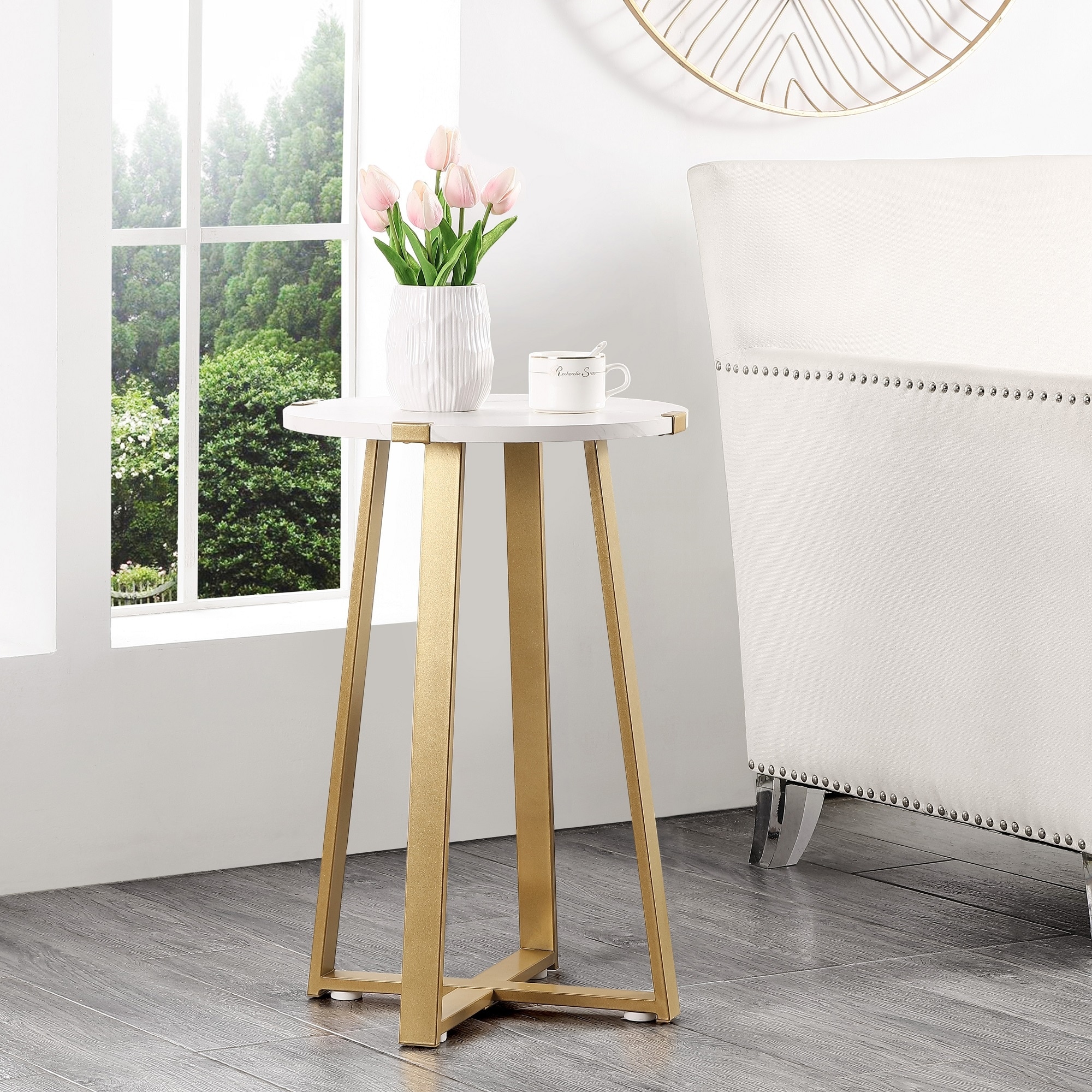 Modern Round Side Table Accent End Table with Faux Marble Tabletop