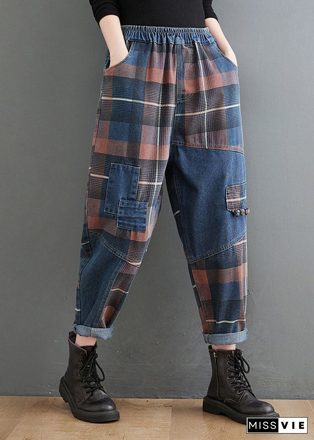 Style Blue Plaid Pockets elastic waist Patchwork Denim Pants Spring