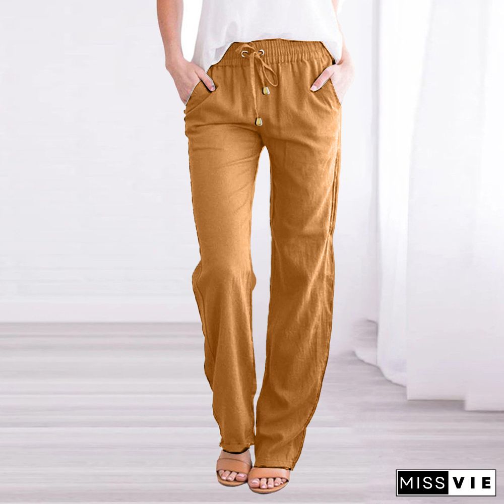 Solid Color Loose Drawcord Casual Wide Leg Pants