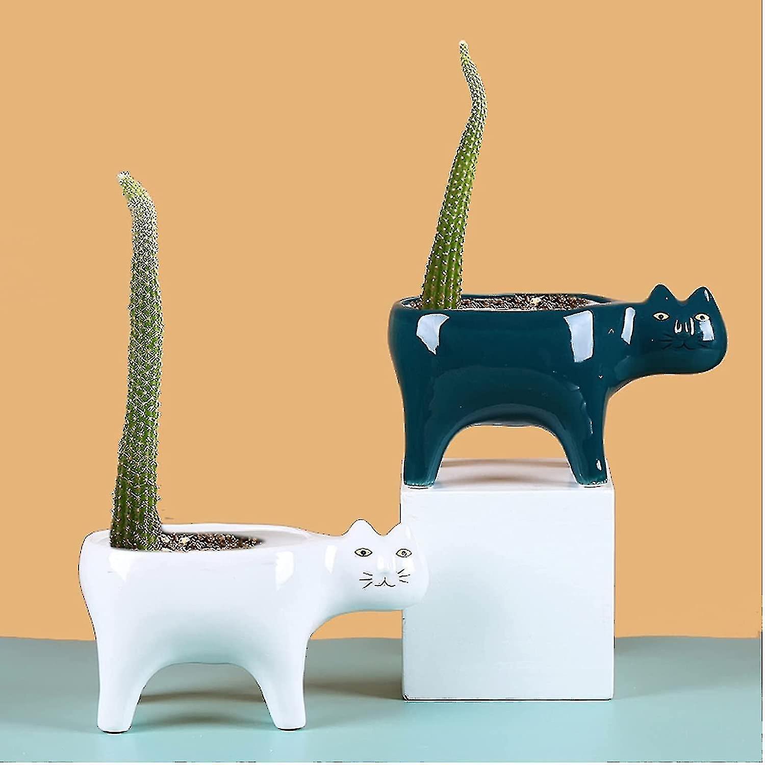 Succulent Plants Pots Of 2 Colors Ceramic Cat， Decorative Ceramic Flower Planter Pot With Drainage