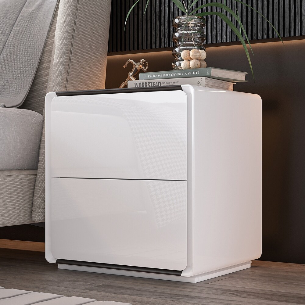 White Modern LED Nightstand High Gloss Bedside Tables with 2 Drawers