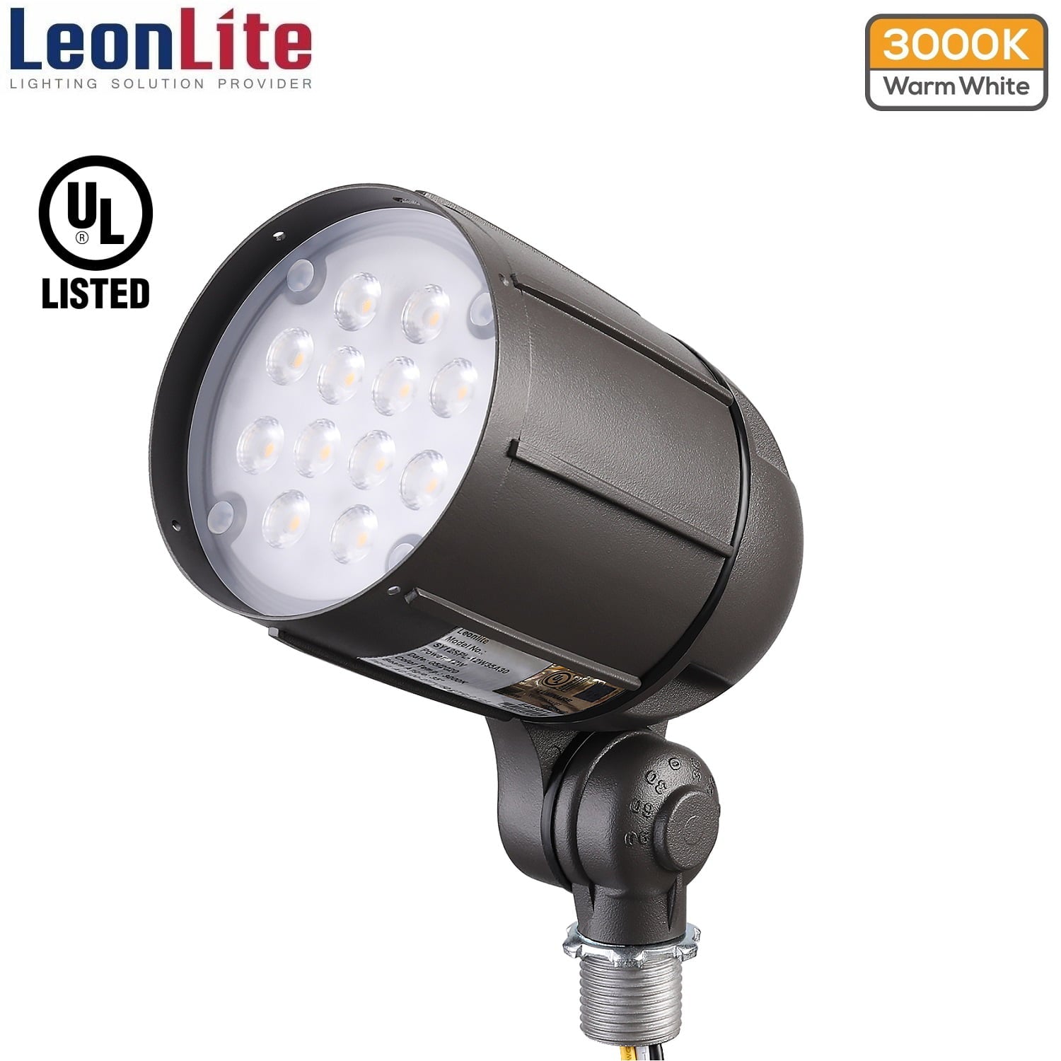 LEONLITE 12W Knuckle Mount LED Bullet Spot Light， 80W Eqv. UL-listed  Outdoor Garden Spotlight， 1550lm， 3000K Warm White， 100-277V Landscape Path Walkway Lawn Lighting， Bronze