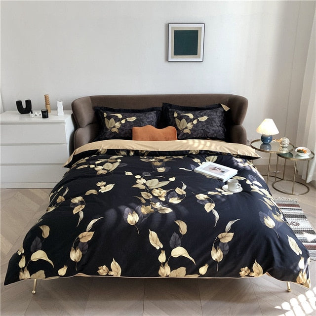 6Pcs Luxury Egyptian Cotton Bedding Set Bright Flamingo Leaf Duvet Cover Bed Fitted sheet