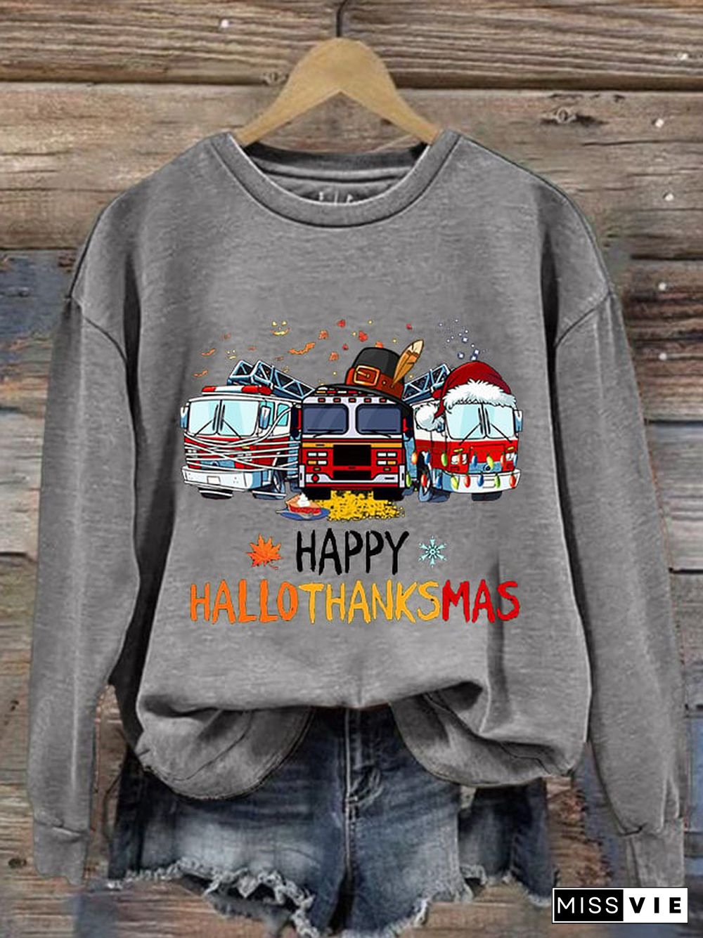 Women's Casual Happy Hallothankmas Firefighter Print Long Sleeve Sweatshirt