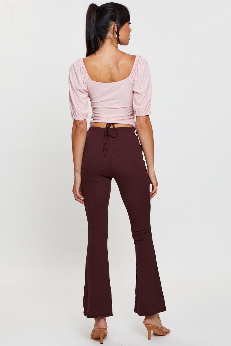 Brown Flare Pants High Rise Waist Tie