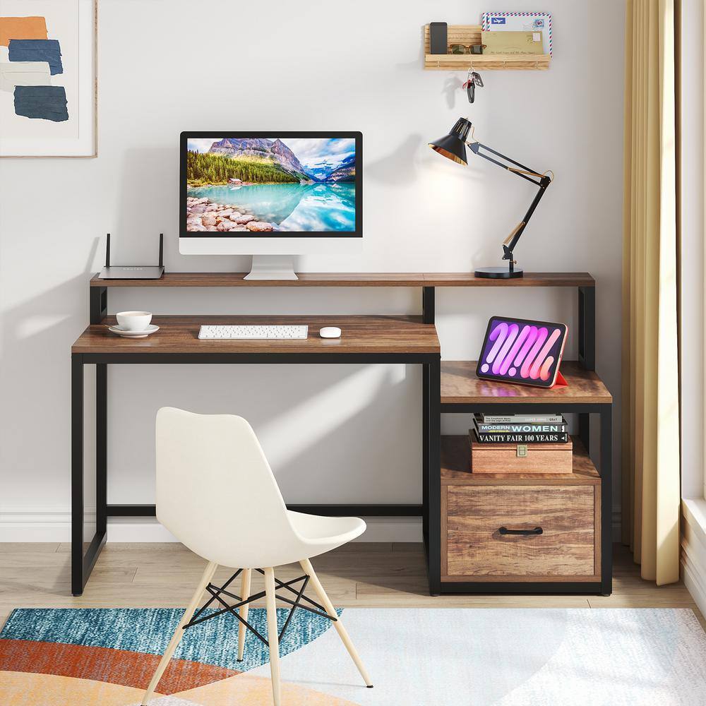 TRIBESIGNS WAY TO ORIGIN Halseey 59 in. Rectangular Brown Particle Board One Drawer Reversible Computer Desk with Monitor Stand and Storage Shelf TH-AL1573