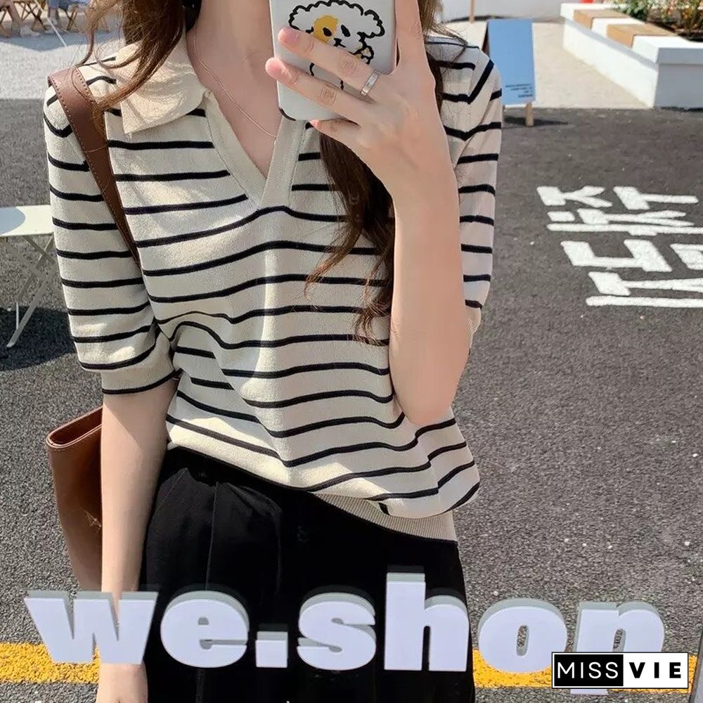 Summer Classic Striped Knit T-Shirts Women Vintage V Neck Short Sleeve BF Tops Ladies Loose Elasticity Tee Female Streetwear2021