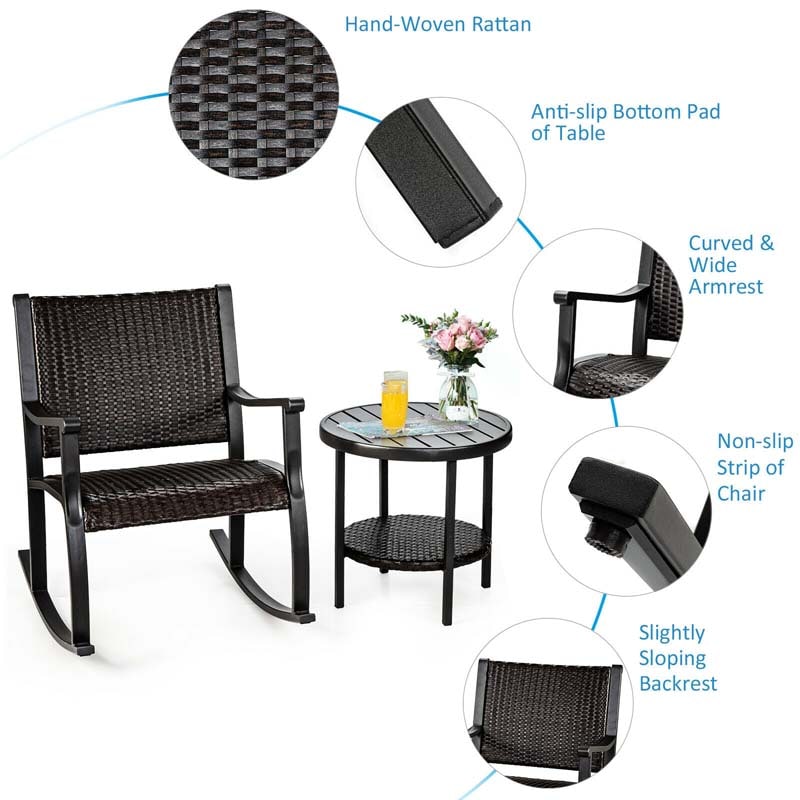 3 Pcs Rattan Patio Rocking Bistro Set with Side Table & Extra Storage Shelf, Outdoor Rocking Chair Furniture Set