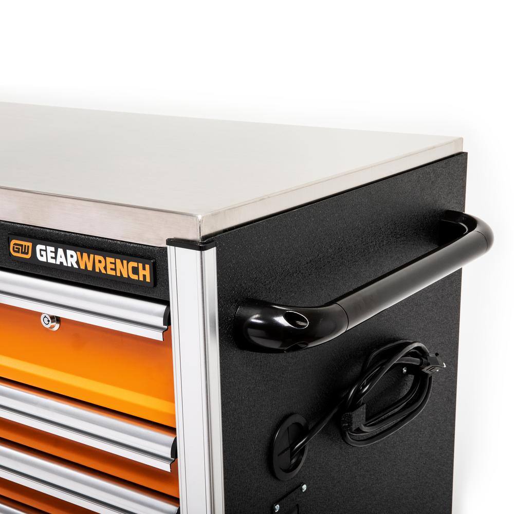 GEARWRENCH GSX 72 in. x 25 in. 18-Drawer Orange and Black Rolling Mobile Workbench Cabinet with Stainless Steel Worktop 83249