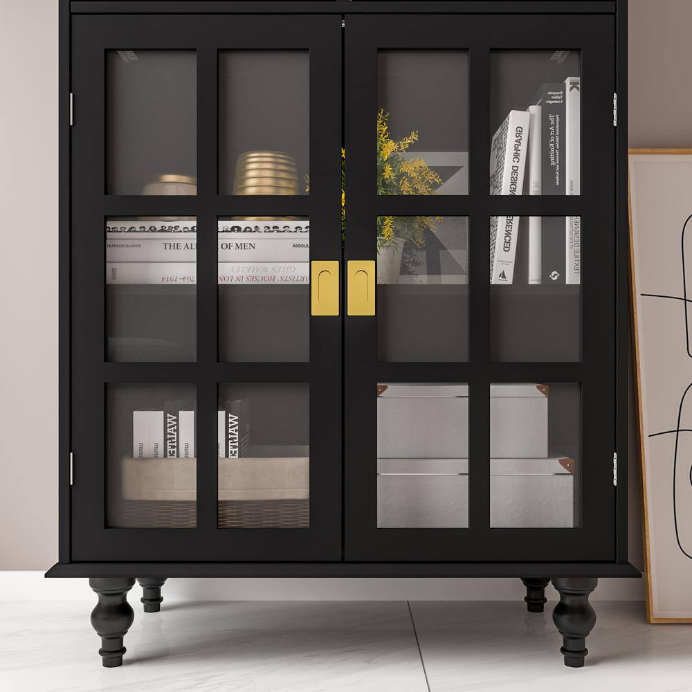 FUFUGAGA 72.4 in. H x 31.5 in W Black Paint Wood 4-Glass Doors Bookcase Bookshelf with Adjustable Shelves and 2-Drawers KF330031-02