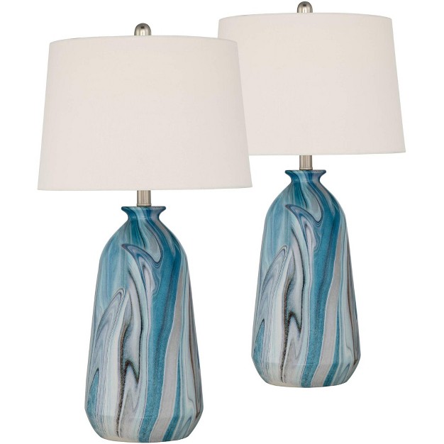 Tall Set Of 2 Swirling Blue Faux Marble White Tapered Drum Shade For Bedroom Living Room Bedside