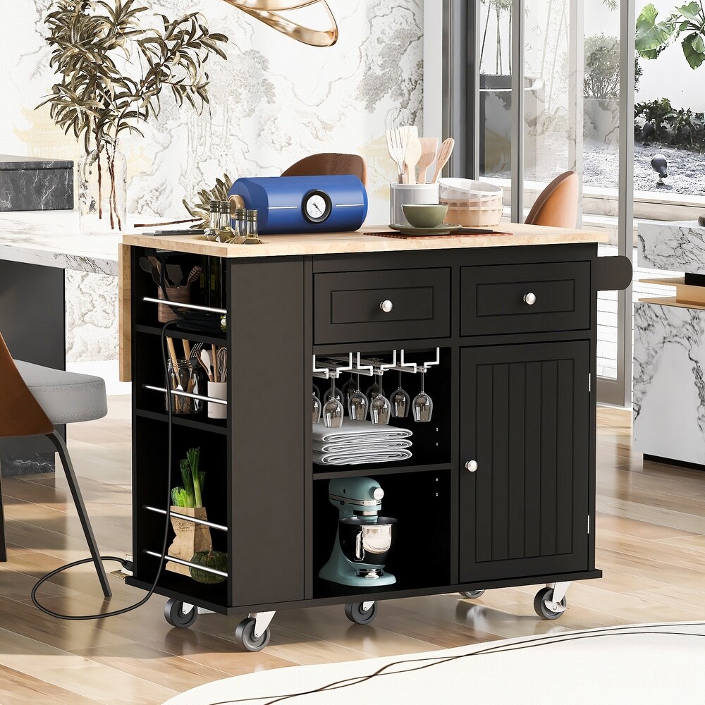 39.8'' W Kitchen Island with Power Outlet and Drop Leaf for Dining Room Black   Kitchen Cart