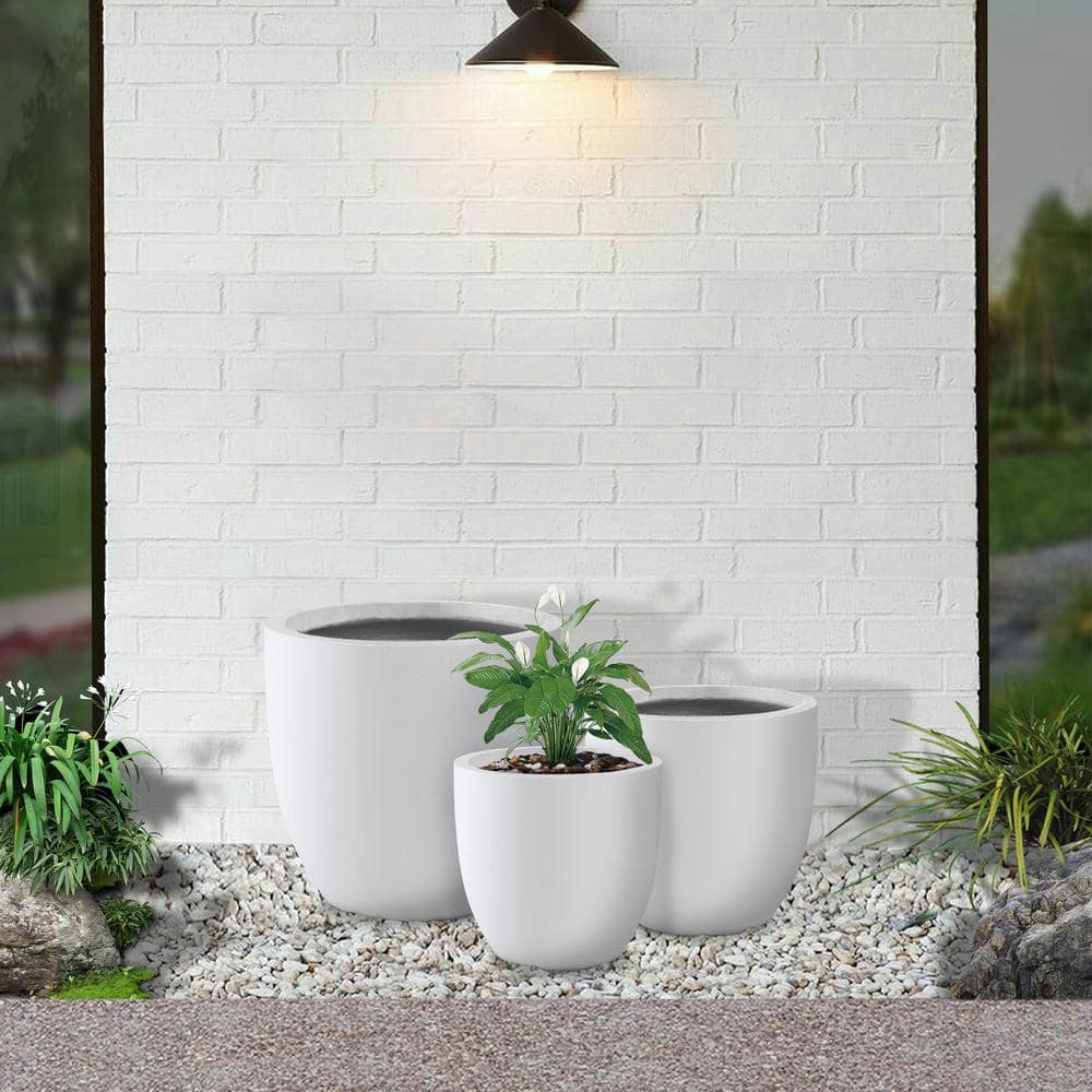 KANTE 18 in.， 14 in. and 10 in.W Pure White Concrete Round Planters (Set of 3)， Outdoor Indoor Modern Seamless Planter Pots RC0050ABC-C80011