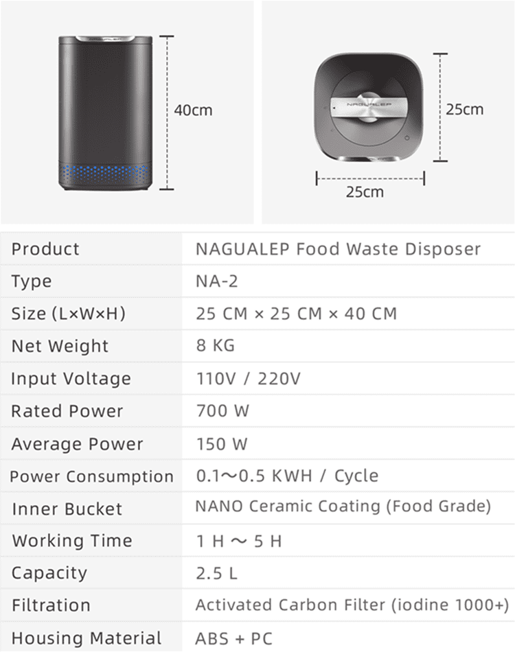 Nagualep Smart Waste Kitchen Composter, Compost Bin Kitchen, Electric Composter with Single Button Design, 2.5L, 150W