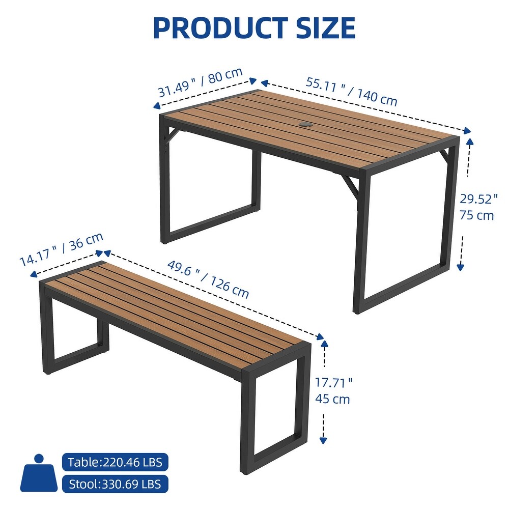 Moasis Outdoor Patio Dining Table Set and Bench with Faux Wood Tabletop