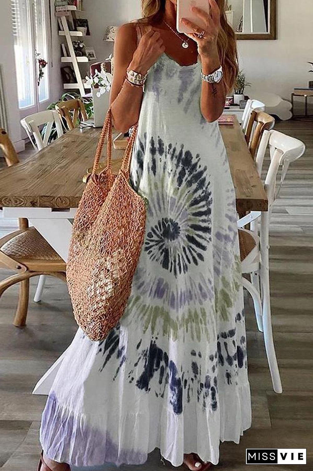 Tie-dye Sleeveless Flared Long Dress P16000