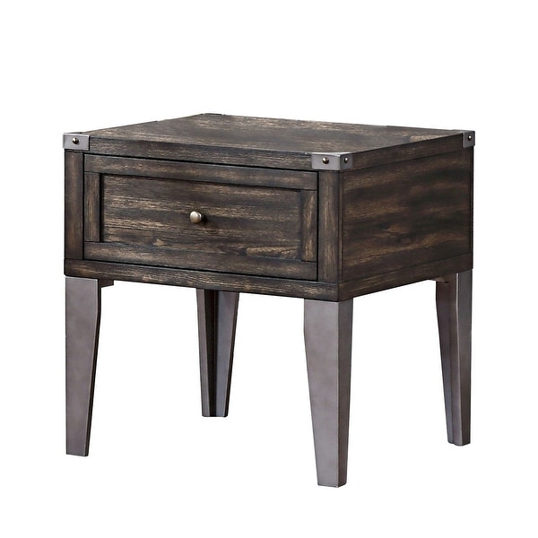 1 Drawer Wooden End Table with Metal Angled Legs， Brown