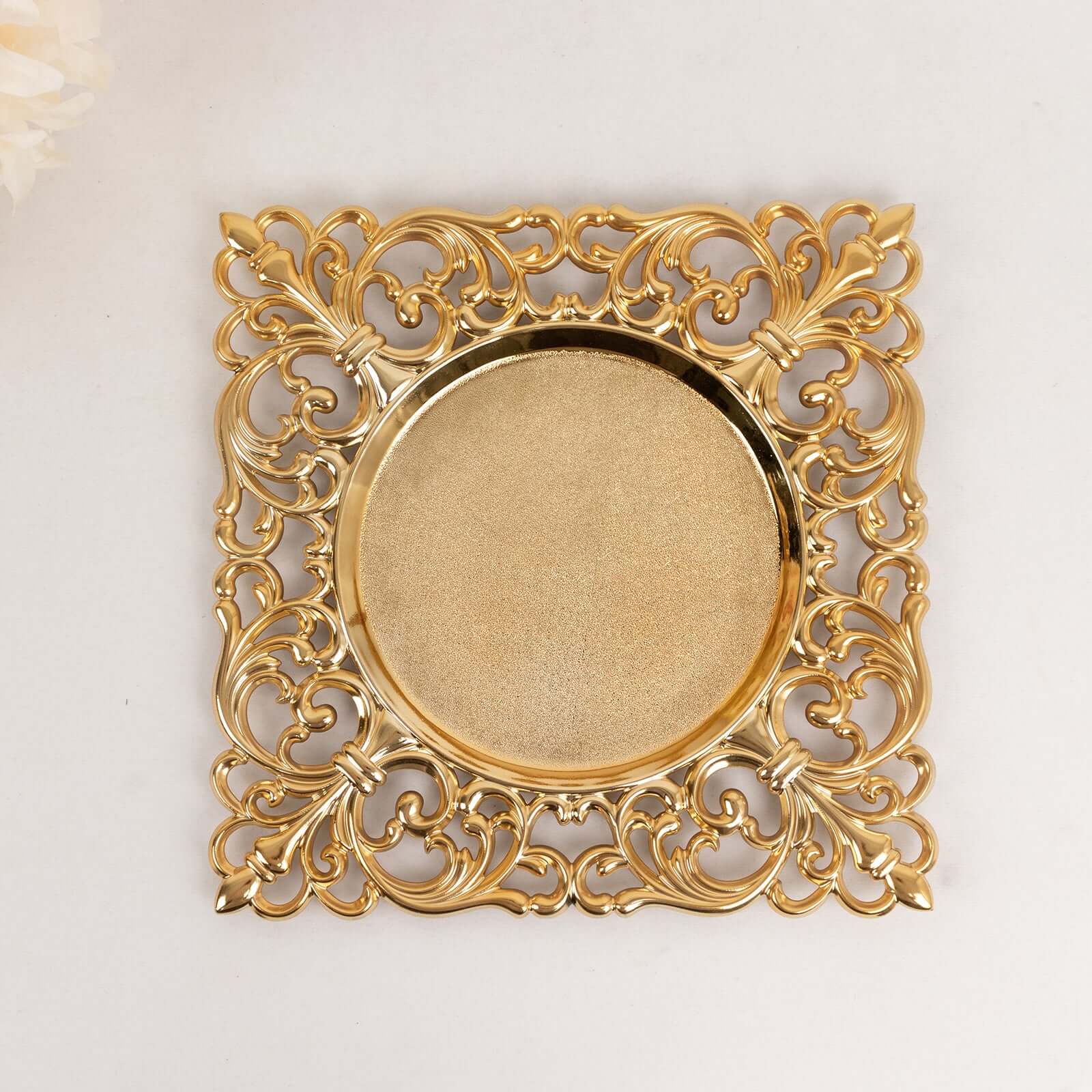 6 Pack Gold Square Acrylic Charger Plates with Hollow Lace Border, Dinner Chargers Event Tabletop Decor - 12