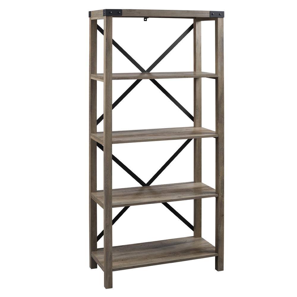 Walker Edison Furniture Company 64 in. Gray Wash Wood 4-shelf Etagere Bookcase with Open Back HDS64MXGW