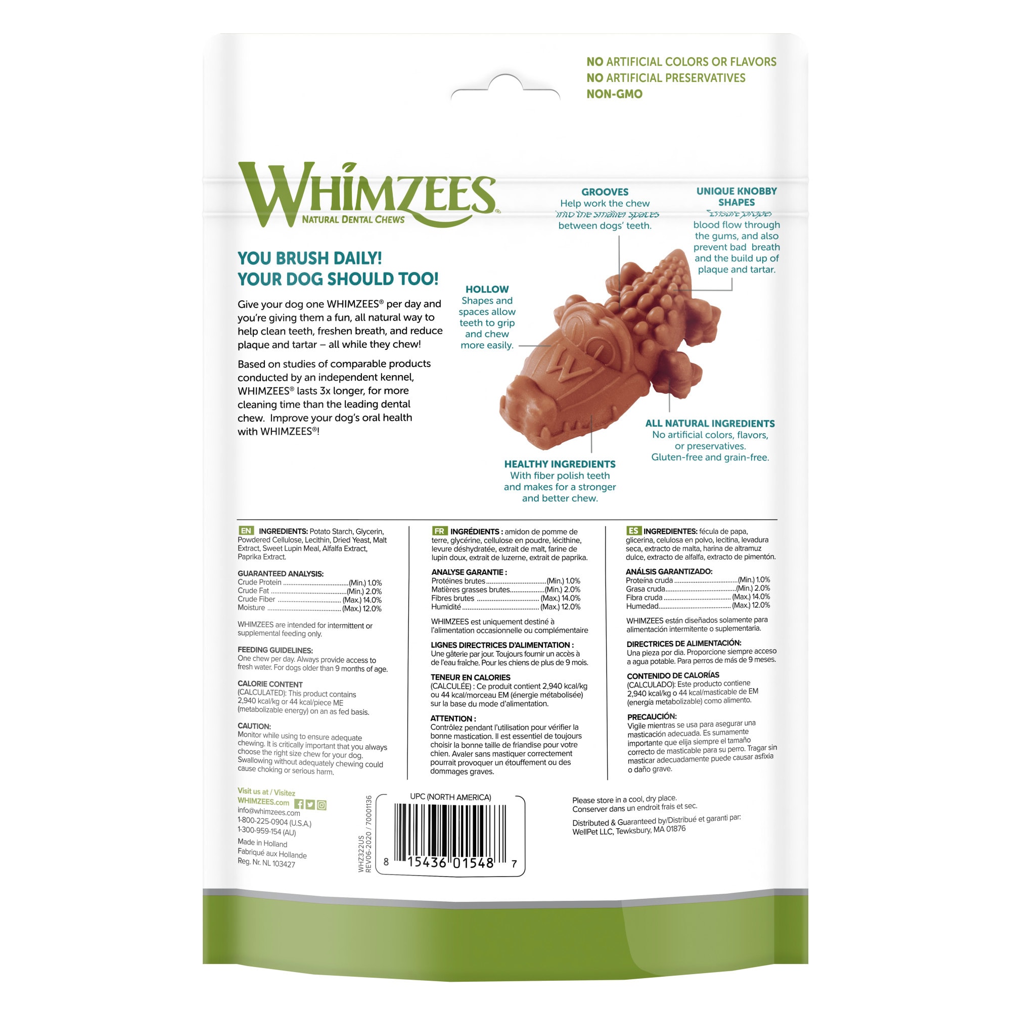 Whimzees Natural Grain Free Daily Dental Long Lasting Alligator Small Dog Treats， 12.7 oz.， Pack of 24