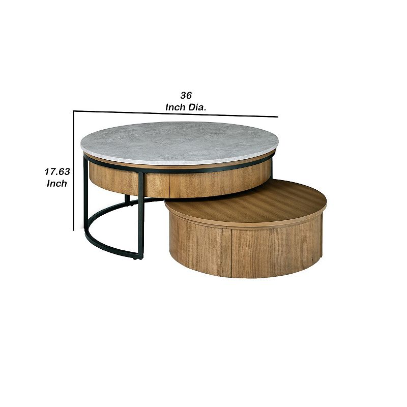 36 Inch 2 Piece Round Nesting Coffee Table， Lift Top Storage， Wheels， Brown