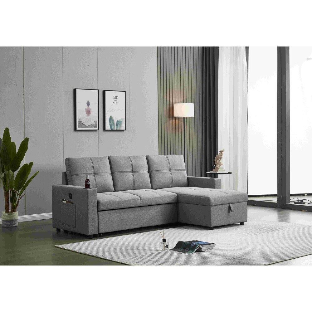 Linen Sectional Sofa Reversible Chaise with Pull out Sleeper