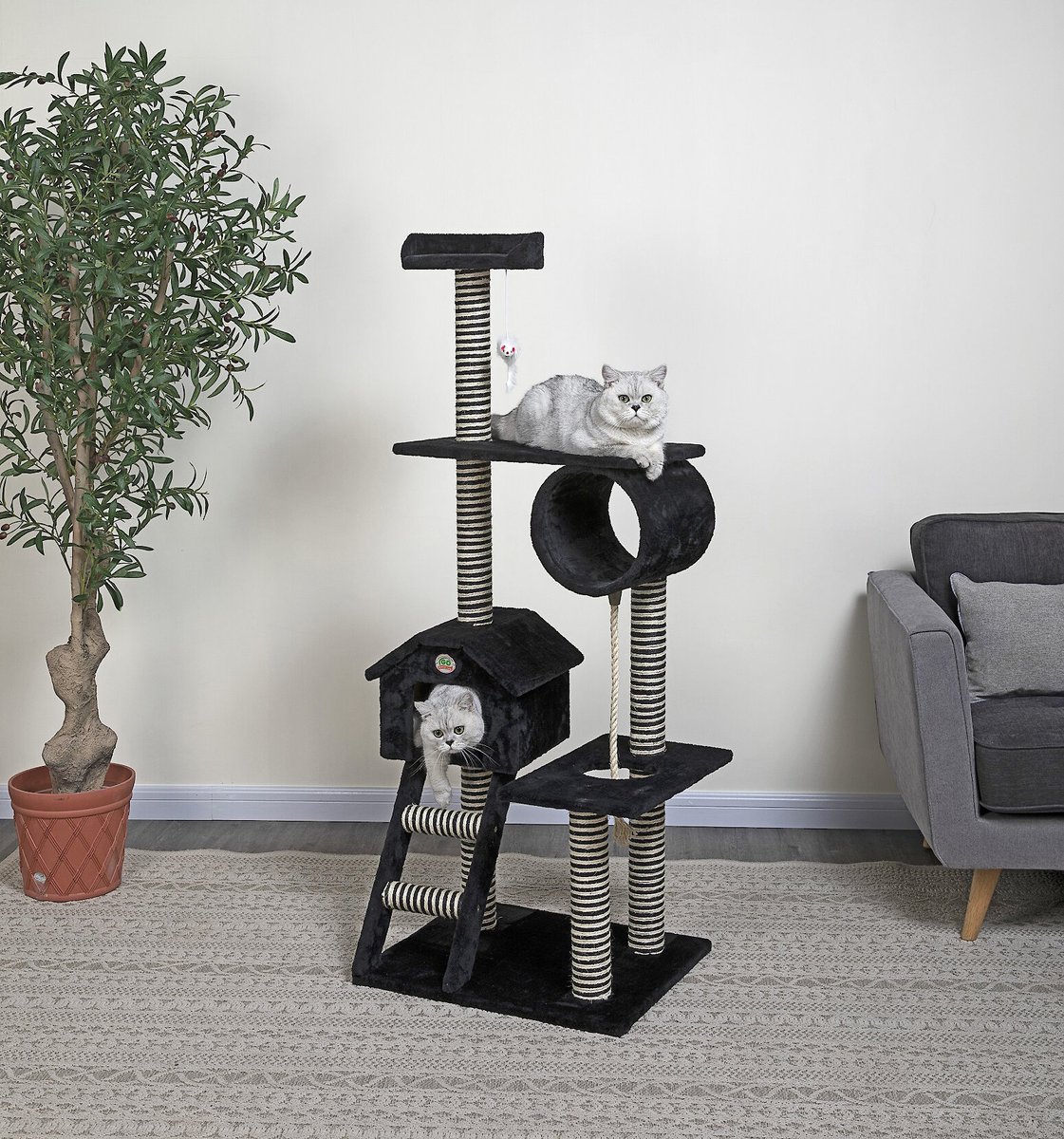 Go Pet Club 60-in Sisal Posts Cat Tree Condo， Black