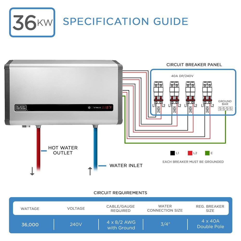 BLACK+DECKER 36 kW 6.2 GPM Residential Electric Tankless Water Heater Ideal for 4 Bedroom Home Up to 8 Simultaneous Applications BD-36HD