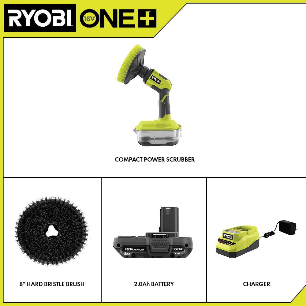 RYOBI ONE+ 18V Cordless Compact Power Scrubber Kit with 2.0 Ah Battery Charger and 8 in. Hard Bristle Brush P4510K-A95HB81