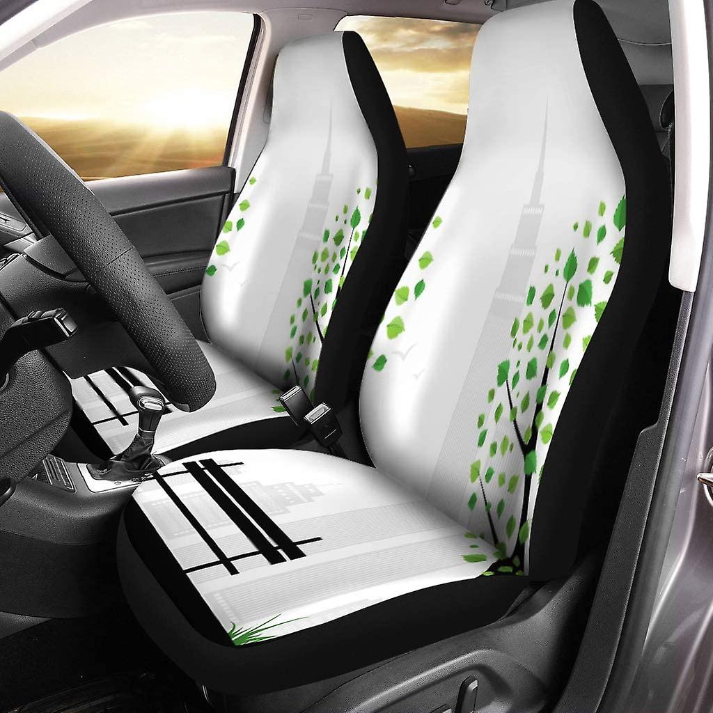 Set Of 2 Car Seat Covers Green Park City Abstract Tree Bench Silhouette Street Beam Universal Auto Front Seats Protector Fits