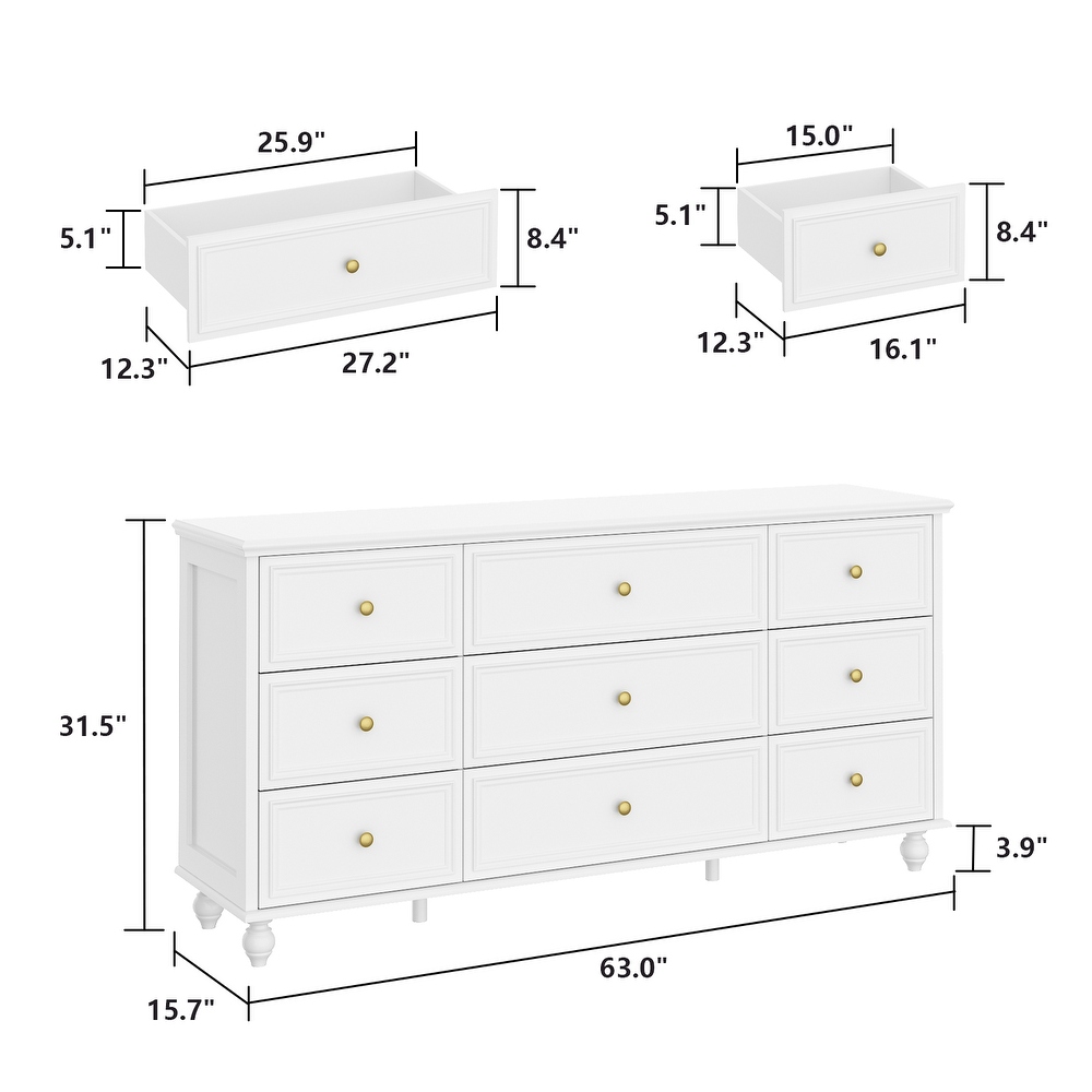 Timechee 63'' W Dresser White Chest Srorage Cabinet Lacquer Drawers