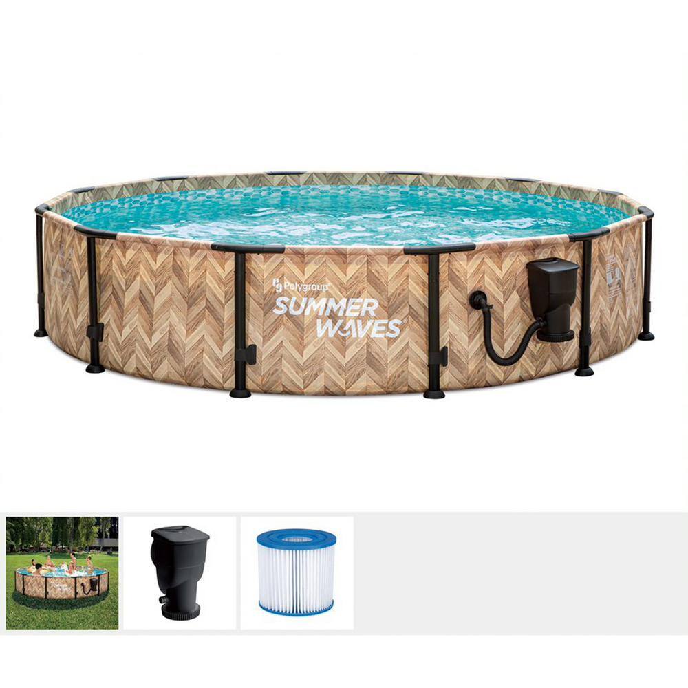 Summer Waves Elite 12 ft. x 30 in. Light Oak Round Above Ground Swimming Pool with Pump P4Z01230A