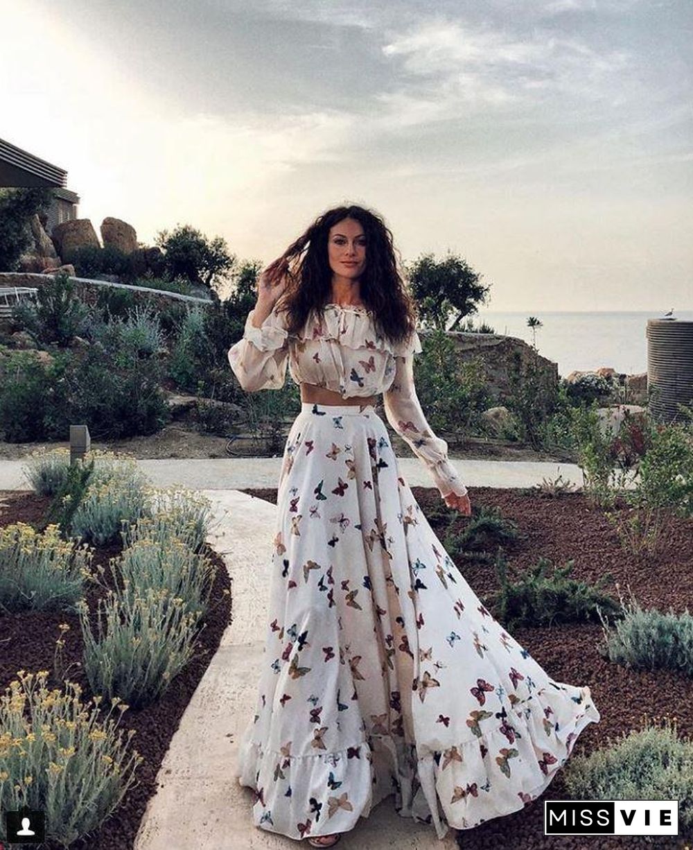 Butterfly Print Two Piece Set Large Skirt Long Skirt Beach Dress White Dresses