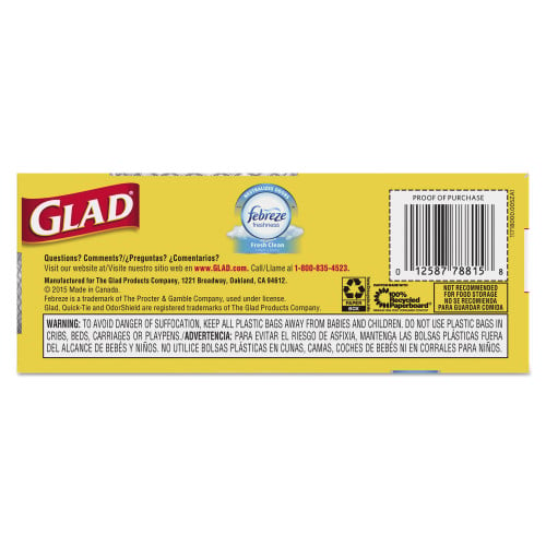 Glad OdorShield Medium Quick-Tie Trash Bags， 8 gal， 0.57 mil， 21.63