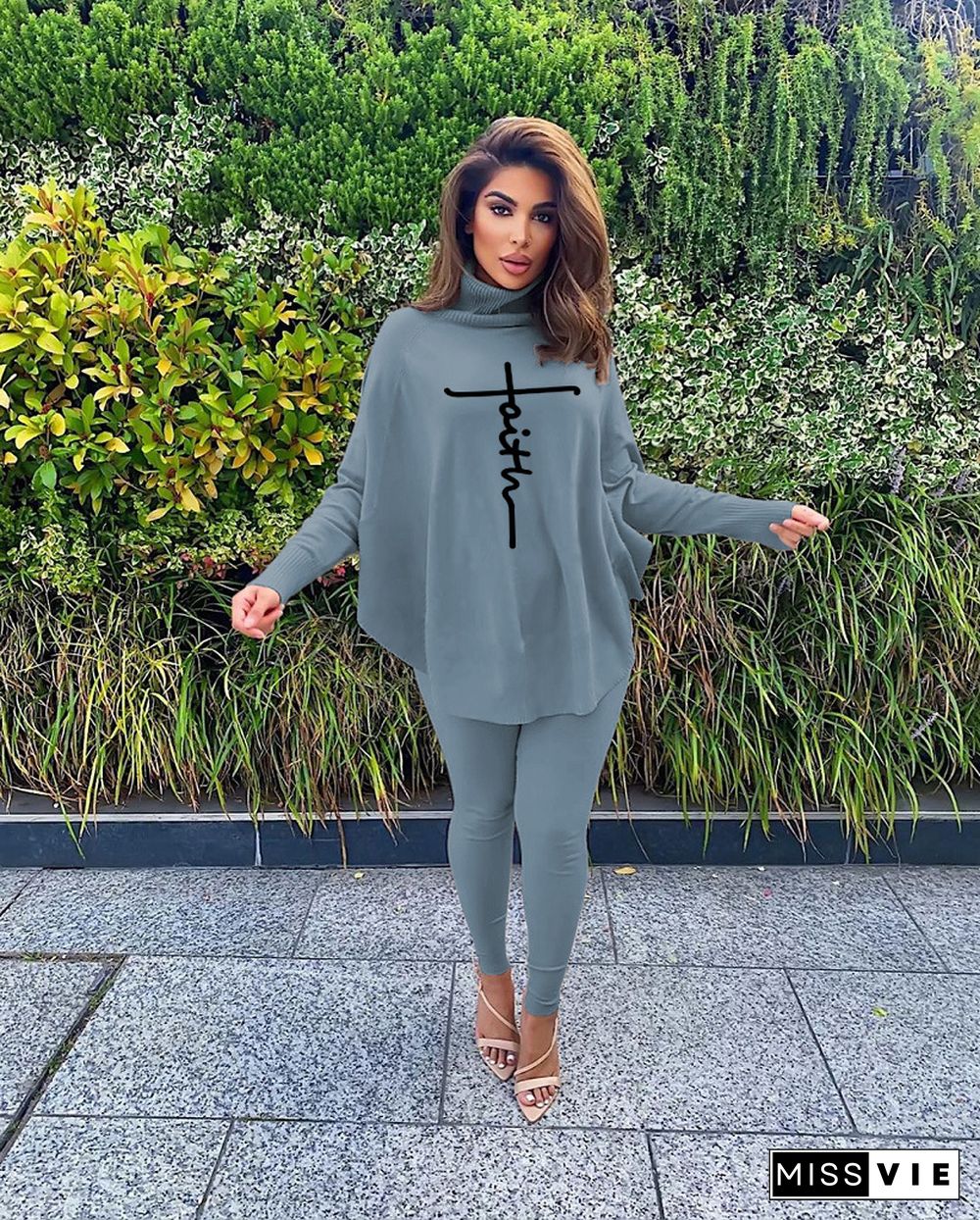 Letter Print Bat Sleeve Slit Long-sleeved Threaded Pants Suit