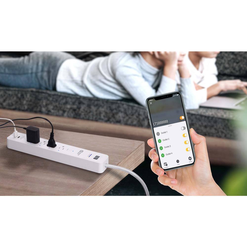 Commercial Electric 3 ft. 4-Outlet White Surge Protector Smart with USB Powered by Hubspace LTS-4G-W-1