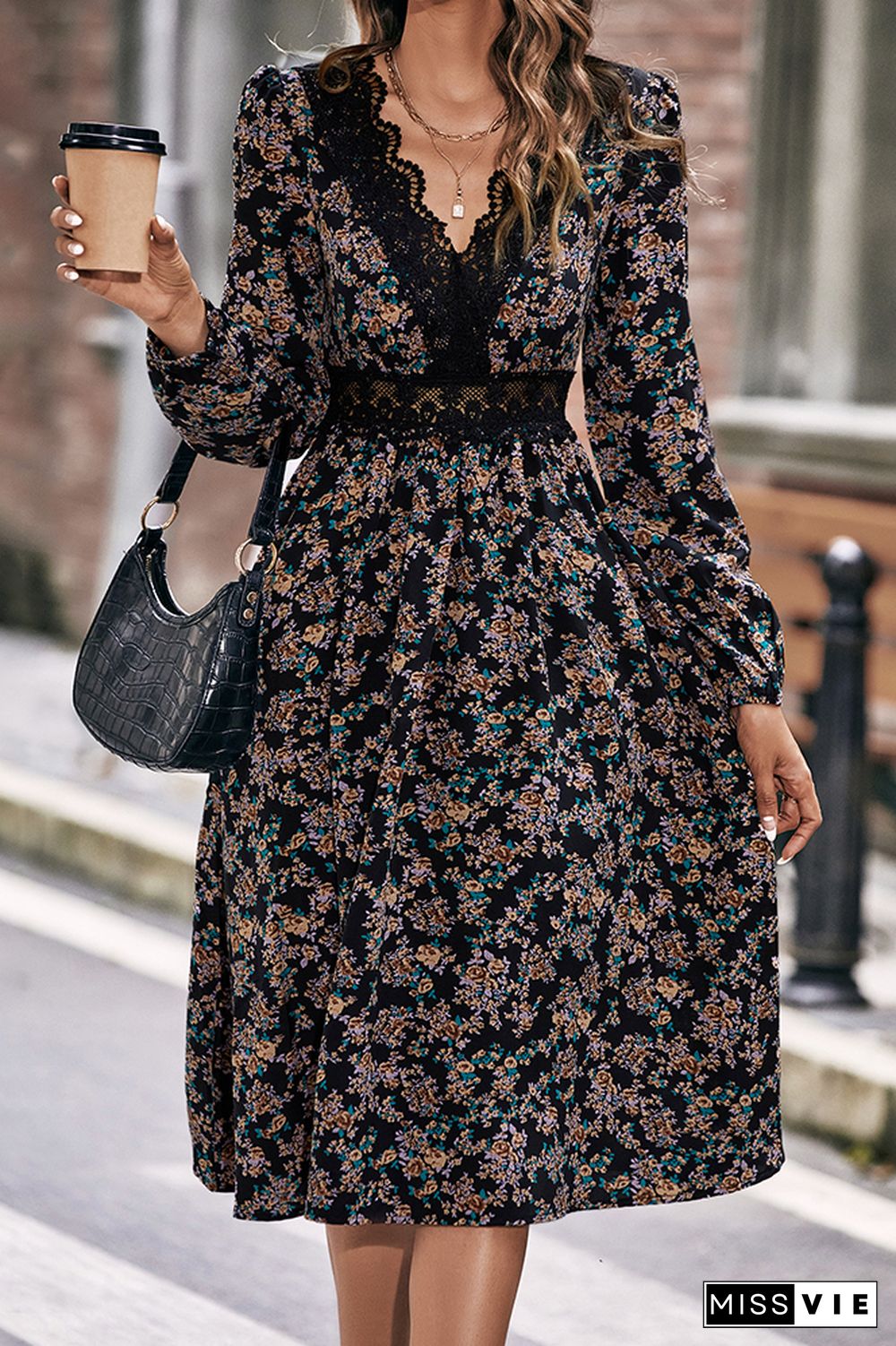 V Neck Lace Elastic Waist Floral Dress