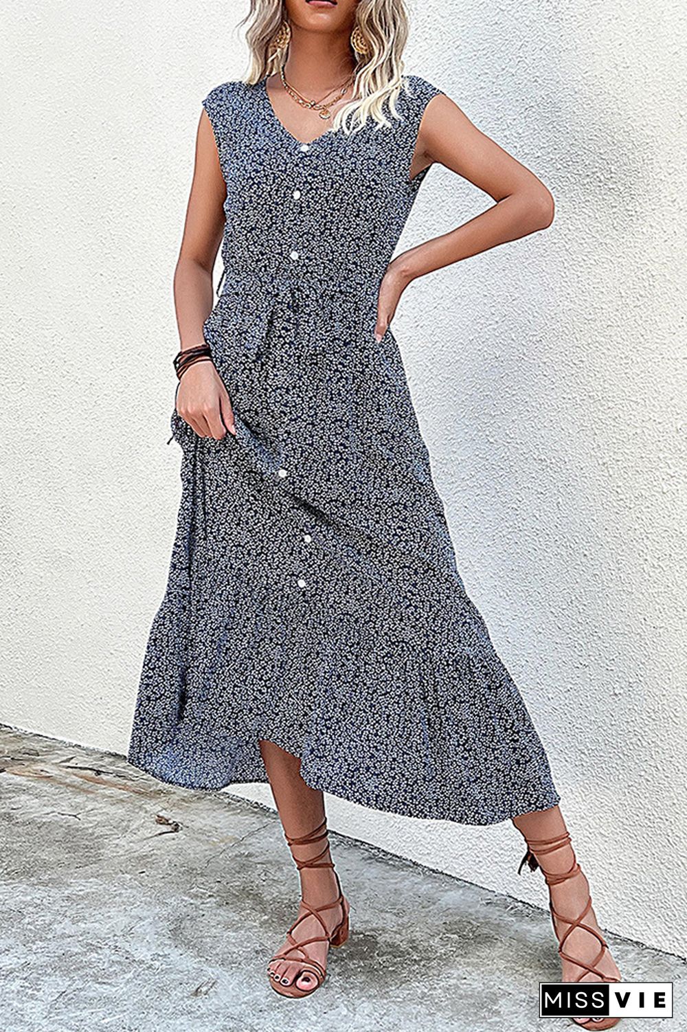 V Neck Button Down Floral Maxi Dress