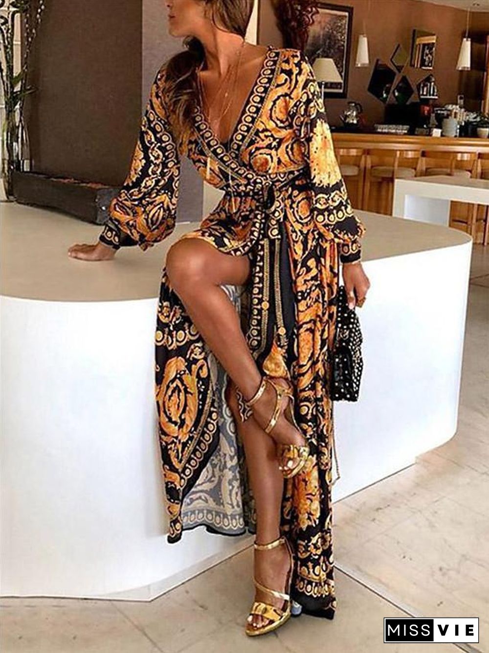 Women's Wrap Dress Maxi long Dress - Long Sleeve Other Print Spring & Summer Deep V Hot Boho Holiday Going out Beach  Yellow S M L XL XXL 3XL / vacation dresses