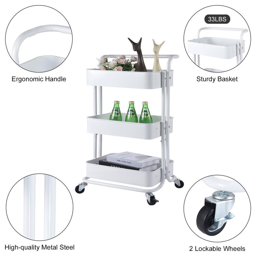 Tidoin 3-Tier Metal Storage Rolling Utility Cart in White DHS-YDFN-333W