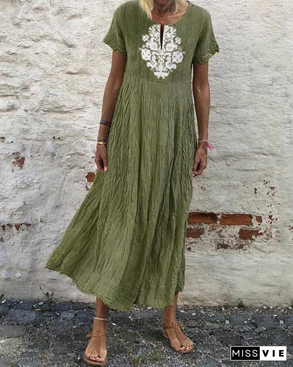 Casual Solid Color Printed Short-Sleeved Maxi Dress