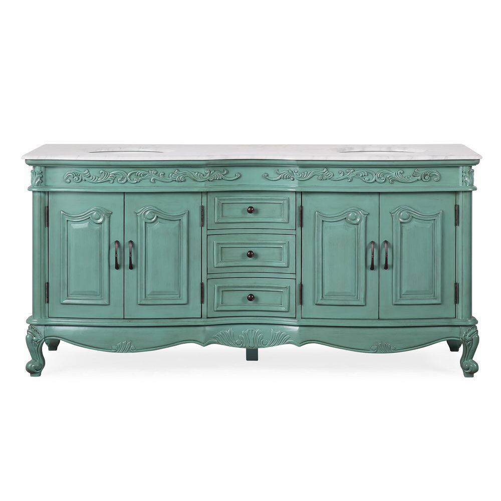 Silkroad Exclusive 72 in. W x 22 in. D x 36 in. H Freestanding Bath Vanity in Green with Carrara White Marble Top V8034NW72D