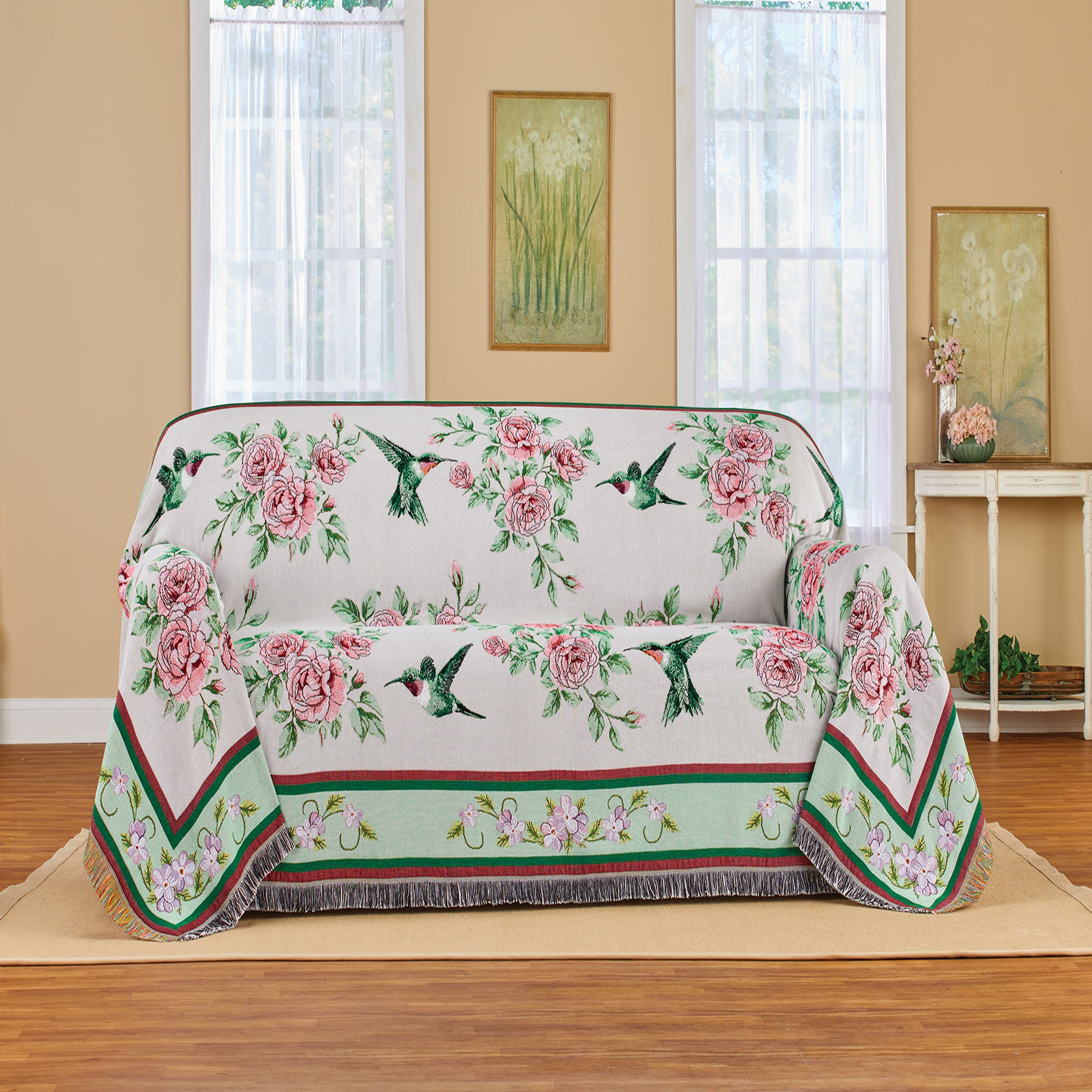 Hummingbird and Rose Floral Tapestry Furniture Throw Cover