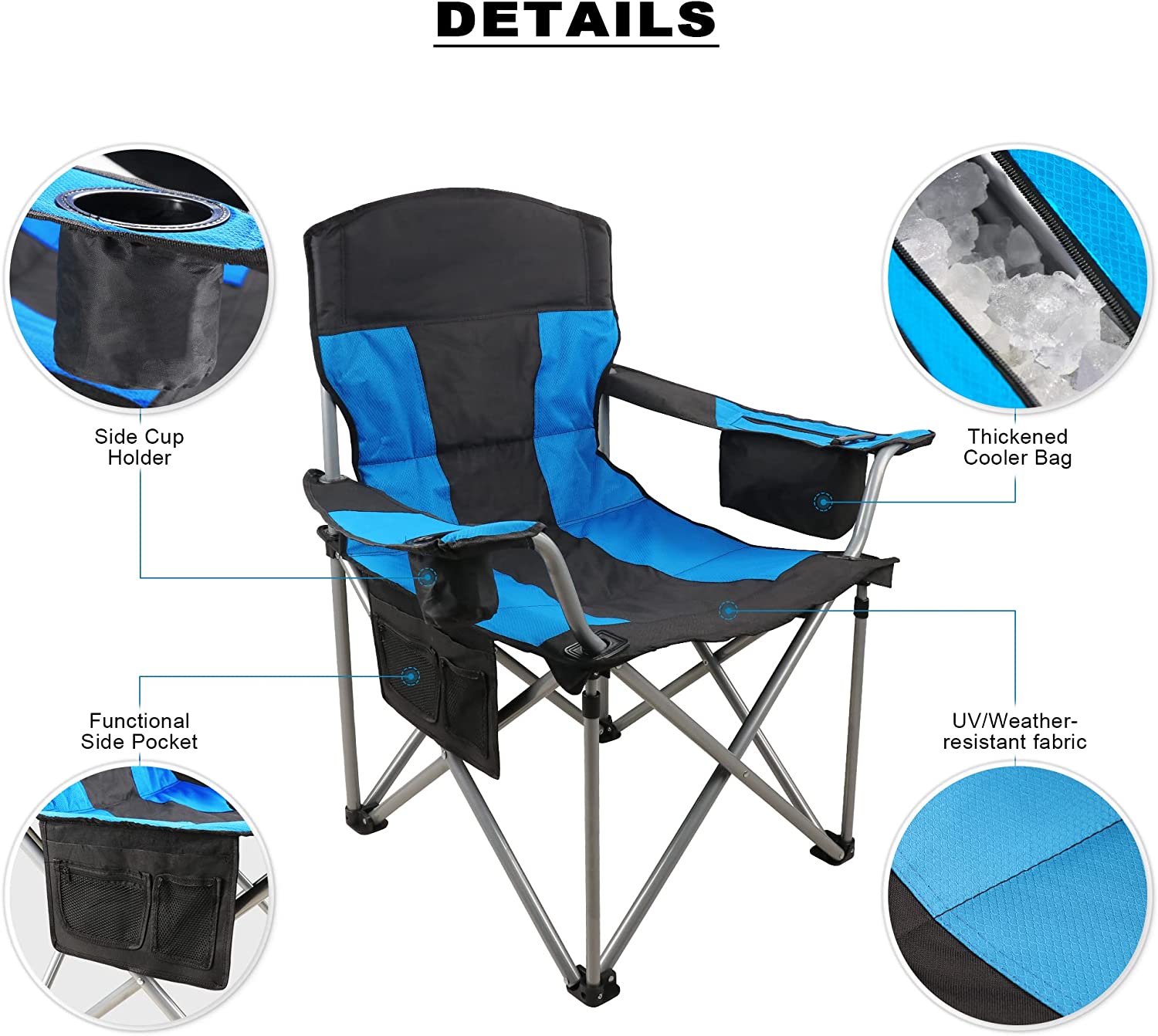 Beach Chair for Adults， Oversized Camping Chair 500lb， Folding Chair for Outside， Heavy Duty Portable Chair with Armrest， Cooler Bag， Side Pocket， Cup Holder， Outdoor Folding Camping Chair