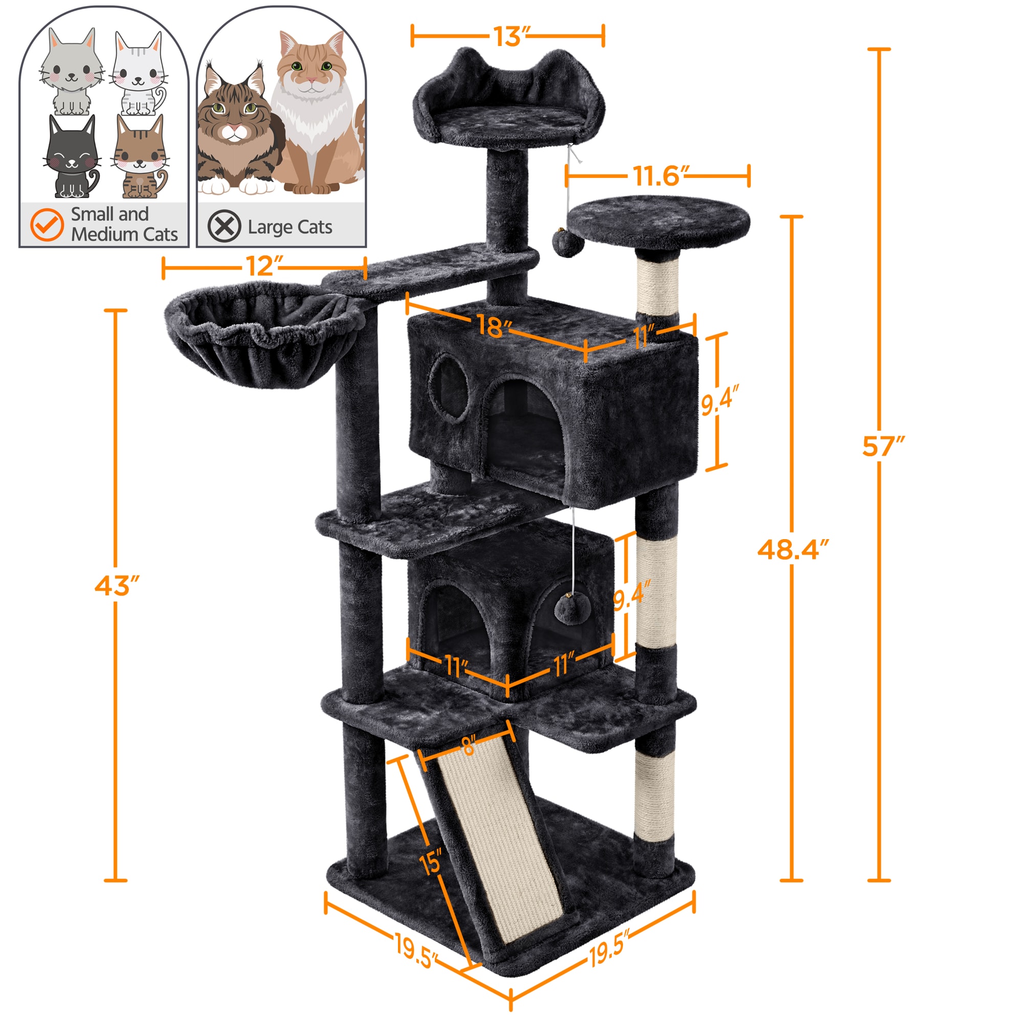 Topeakmart Black Plush Cat Tree with 2 Condos for Kittens， 55