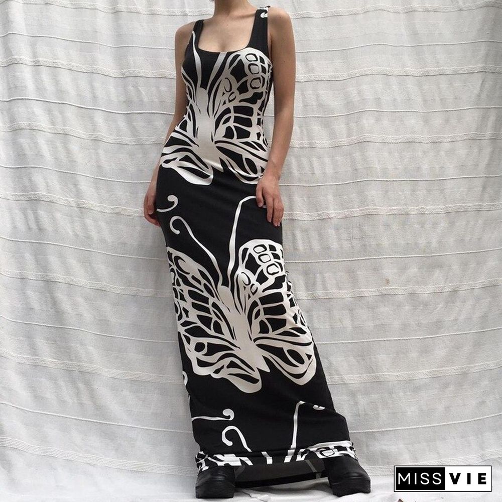 Aesthetic Butterfly Print Dress Y2k Aesthetic Women Sleeveless Long Dresses Grunge Fairycore Dress Party Clubwear