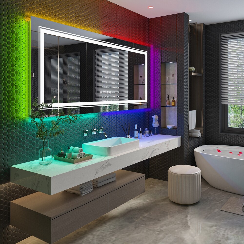 Wall Bathroom Mirror Frameless 8 Color RGB Backlit 3 Front Lighted for Small Medium Extra Large Oversized Mirrors