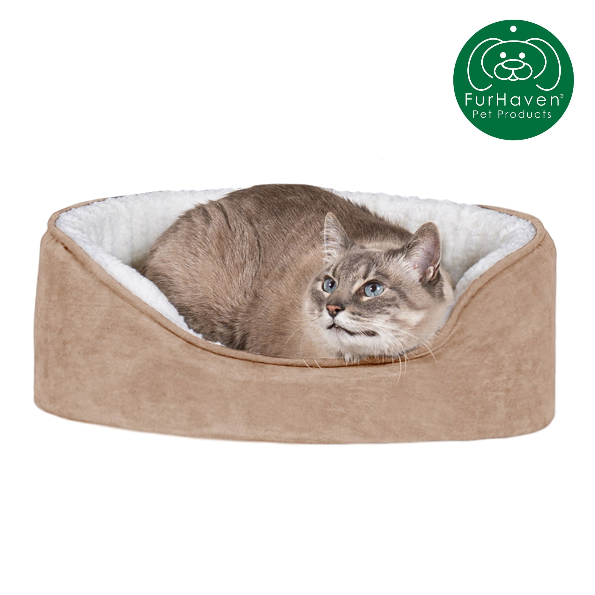 FurHaven | Orthopedic Faux Sheepskin and Suede Oval Pet Bed for Dogs and Catss， Clay， Small