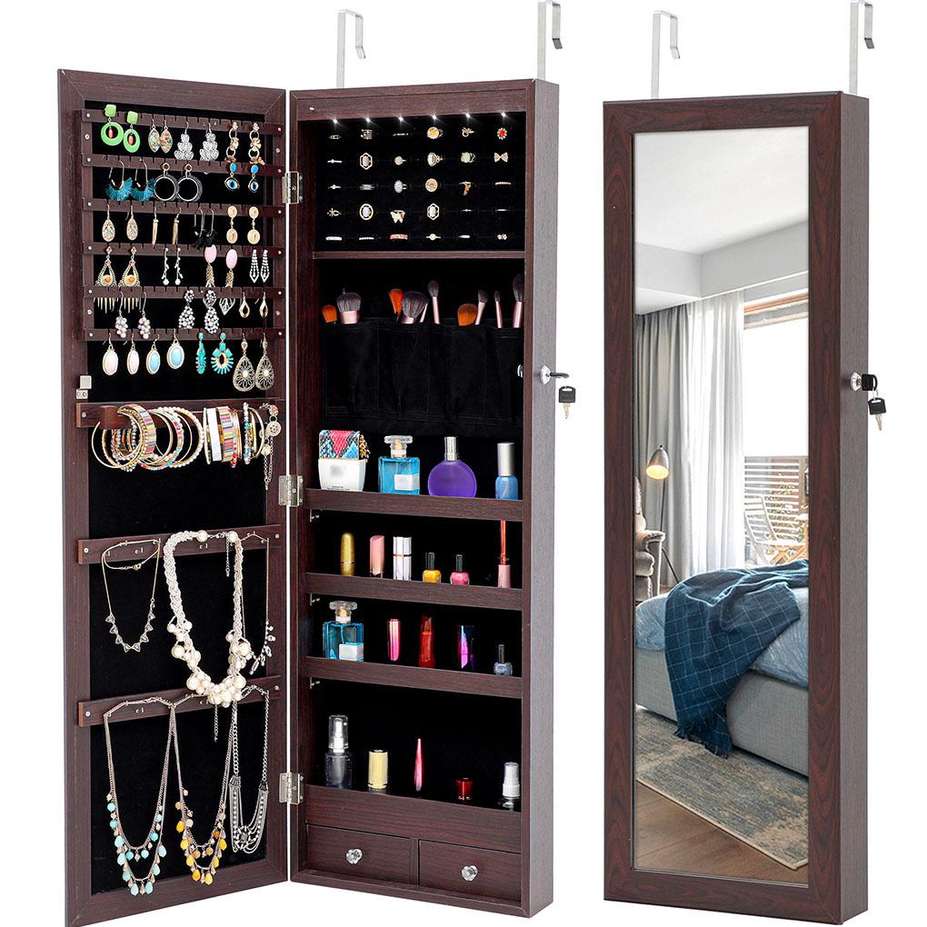 Cabinet Wooden with Mirror LED Lights Wall and Door Hung Lockable Jewelry Organizer Cupboard for Home， Brown