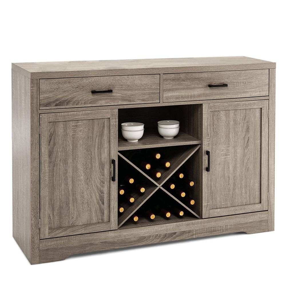 Bunpeony Grey Wooden Sideboard Buffet 52 in. Kitchen Island Kitchen Storage Cabinet with Detachable Wine Rack ZY1K0090